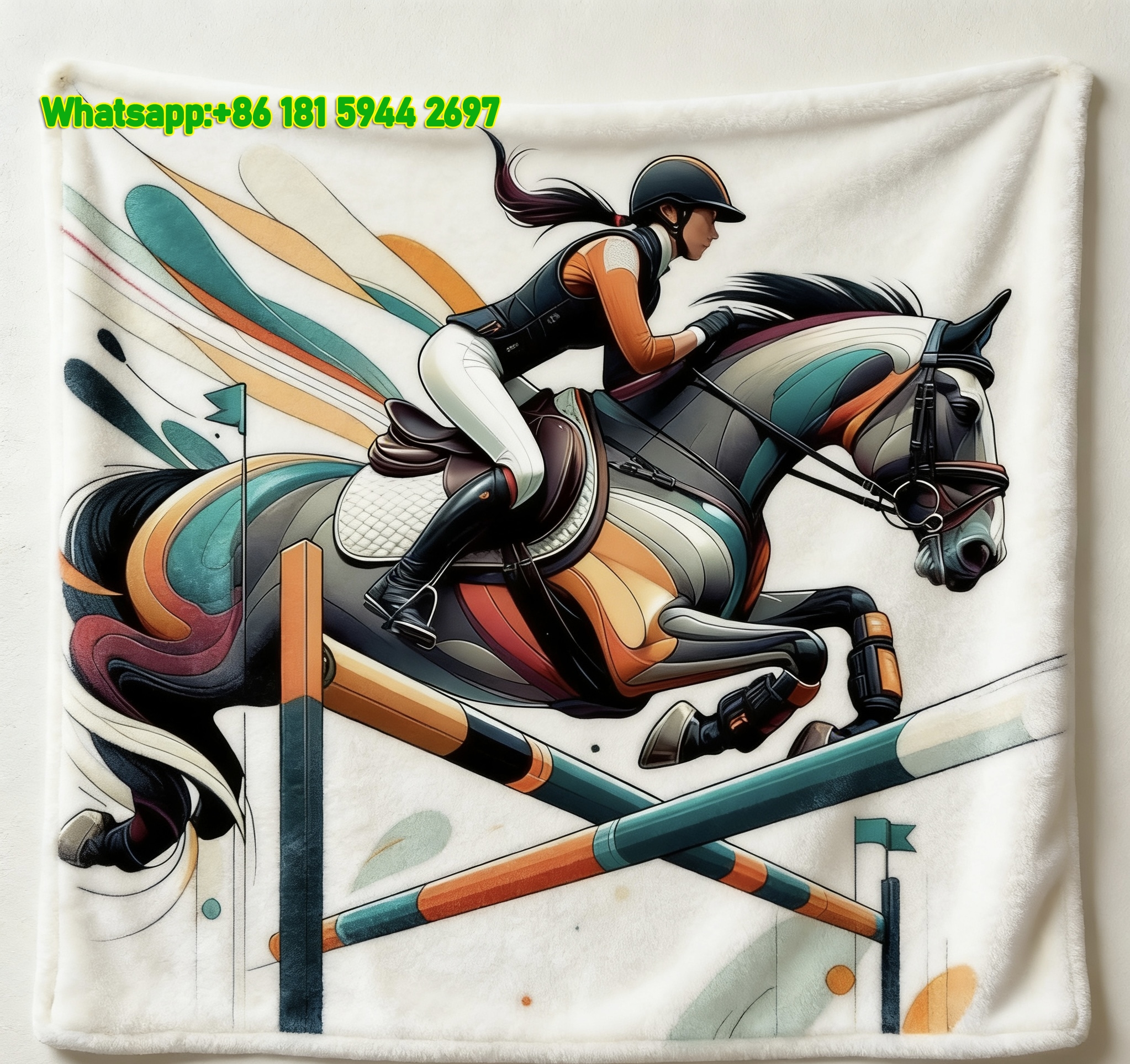 Hermes Colorful Horse Jumping Art Flannel Throw Blanket for Wall Decor IMG_5455